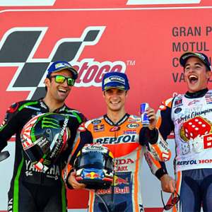 <b>Podium MotoGP : Johann Zarco - Yamaha, Dani Pedrosa - Honda et Marc Marquez - Honda (photo www.MotoGP.com)</b>
